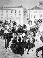 Отдыхающие спасаются бегством. Иллюстрация из современного журнала