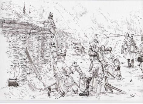 Гренадеры солдатских полков с ручными мортирками при осаде шведской крепости. 1704 - 1709 гг.