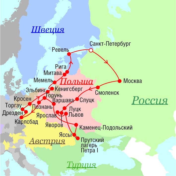 Маршрут поездок Петра I - 1711 г.