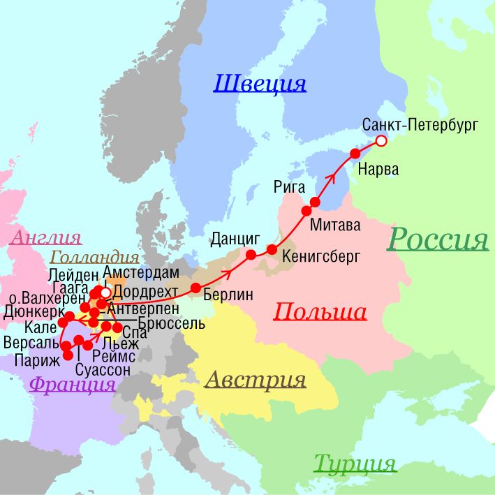 Маршрут поездок Петра I - 1717 г.