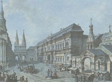 Здание Московского Университета (слева) у Воскресенских ворот на Красной площади. Гравюра начала XIX века.