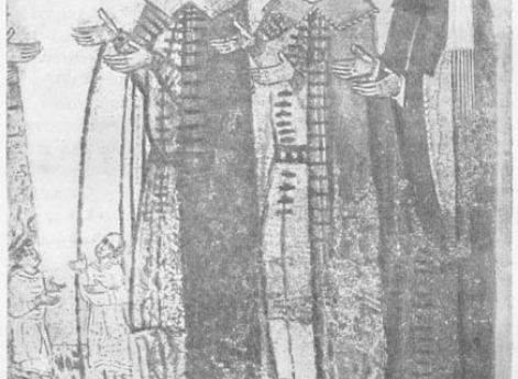 Одежды новгородских бояр XV века.  Икона «Молящиеся новгородцы»