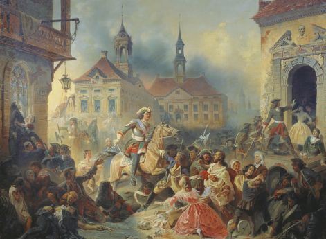 Н. Зауервейд. Петр I усмиряет ожесточенных солдат своих при взятии Нарвы в 1704 году. 1859 год