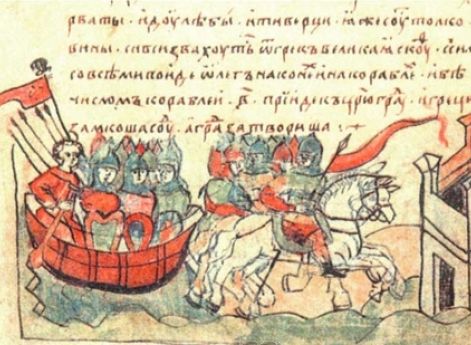 Поход Олега на Царьград. Миниатюра из Радзивилловской летописи. 13 век.