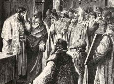 Патриарх Иов и московский народ просят Бориса Годунова на царство. Гравюра Езерского по рисунку Медведева. I пол. 1870-х гг.