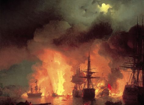 Вид Чесменской бухты с изображением истребления турецкого флота. Гравюра 1770 года