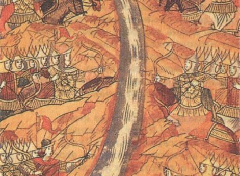 Стояние на Угре. Миниатюра летописного свода. XVI век.