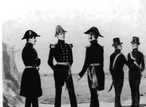 Морские офицеры в повседневной форме, принятой уставом по униформе 1837 г. Литография М. Трентсенского