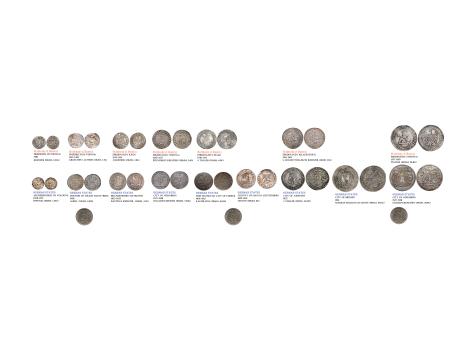 Усредненный набор типичных монет 1200-1500 гг. на примере Австрии и Германии, упорядоченный по размеру от крейцера до талера