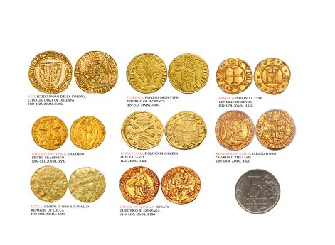 Коллекция стандартных итальянских торговых золотых монет - цехины, дукаты, скудо, дженовино и флорины.