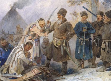 Подведение сибирских инородцев под высокую Царскую руку. Целование атамановой сабли как знак покорности и верности