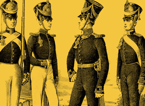 Мундиры офицеров и кондукторов Главного инженерного училища. 1820-е годы.