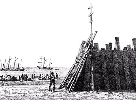 Походная церковь Кавказского отряда на берегу Каспийского моря.