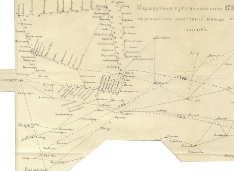 Маршрутные пути в кампанию 1757 года с указанием расстояний между каждой станцией