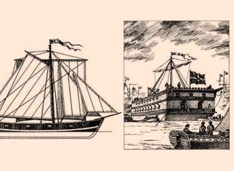 Изображение прама «Блоха» (слева) и  прама «Близко не подходи», участвовавших в осаде Азова в 1736 году.