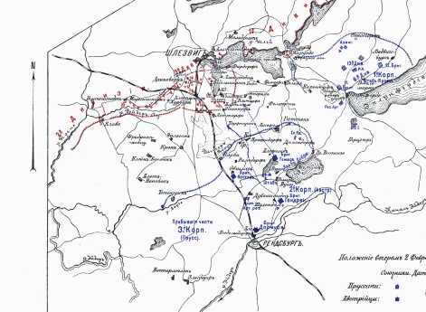 Бой при Обер-Сельк и Ягель. Эскиз. Положение вечером 2 февраля