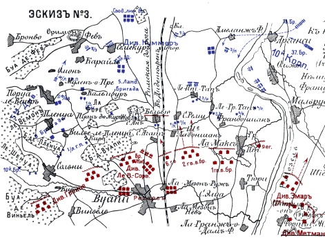 События и бои под Мецем от начала обложения до капитуляции. От 19 Августа до 27 Октября 1870. Эскиз №3. Положение к началу боя у Бельвю. 7 октября. (1 час пополудни)