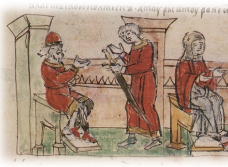 Посольство Владимира Святославича Новгородского к Рогволоду Полоцкому с целью сватовства к его дочери Рогнеде; беседа Рогволода с Рогнедой, отказавшейся стать женой Владимира, но пожелавшей иметь мужем Ярополка Святославича Киевского.