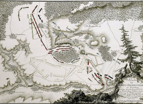 План сражения, в котором русские под командованием фельдмаршала Апраксина победили пруссаков под командованием фельдмарщала фон Левальда у Гросс-Егердорфа 30 августа 1757 года