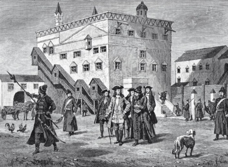 Прогулка посла во дворе Посольского дома в Москве в XVII веке