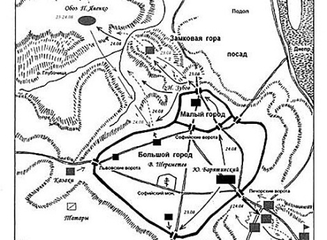Карта: Оборона Киева русским отрядом В.Б. Шереметева от войск Д. Выговского 23 — 24 августа 1658 г.