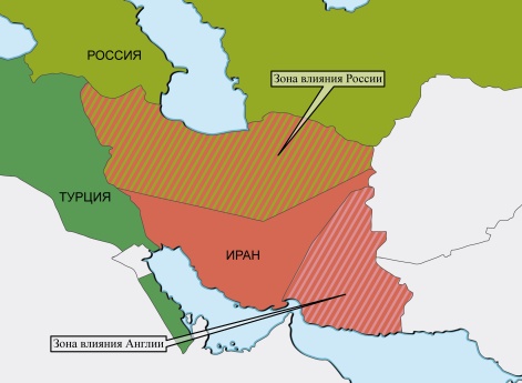Карта раздела Ирана на сферы влияния в 1907 г.