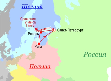 Маршрут поездок Петра I - 1714 г.