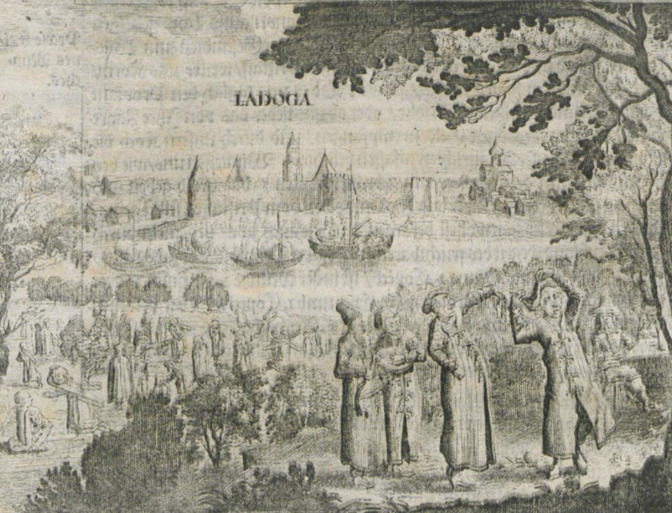 Ладога в середине XVII в. На переднем плане — русские скоморохи