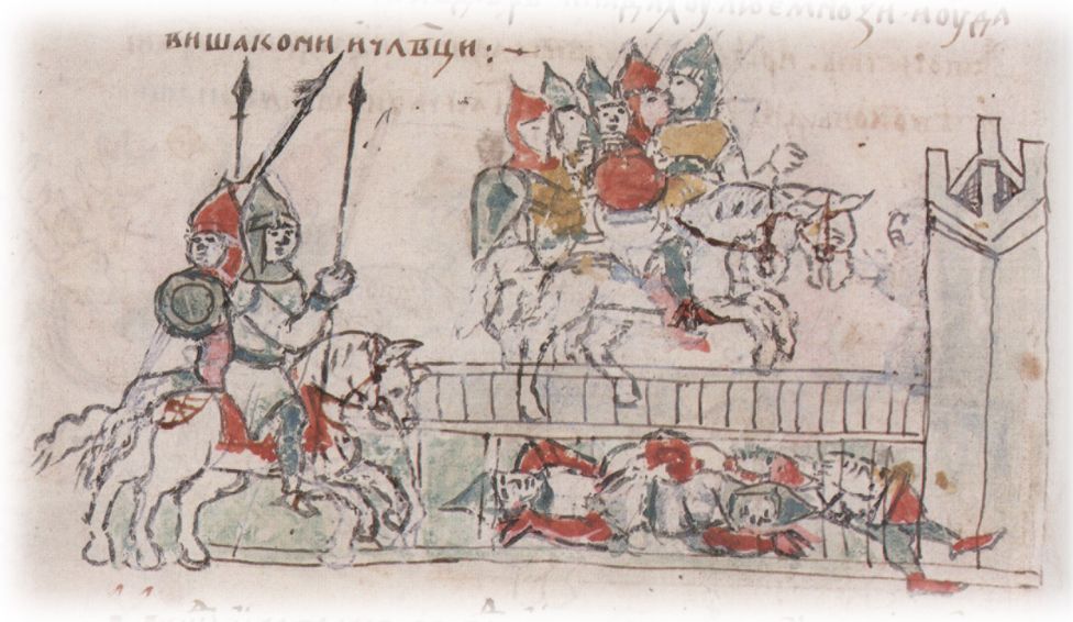 Гибель Олега Святославича и многих его воинов, сбитых с моста в ров у городских ворот Овруча.