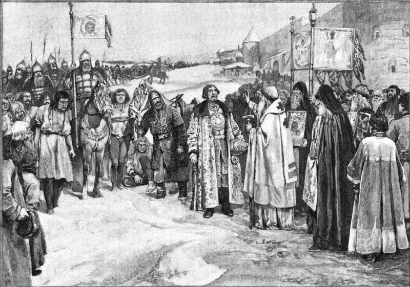Александр Невский возвращается с Ледового побоища с полоном и добычею в Псков (1242 г.)