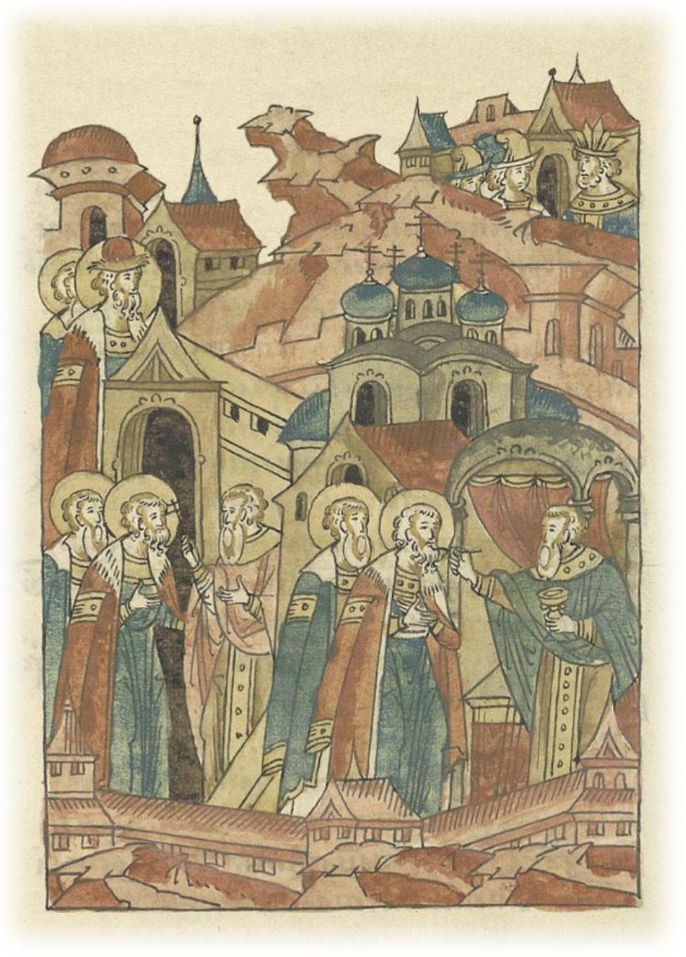 Князь Михаил Черниговский с боярином Феодором получают благословение от иерея Ивана идти в Орду обличать Батыя во лжи перед христианами и навязывании своей веры.