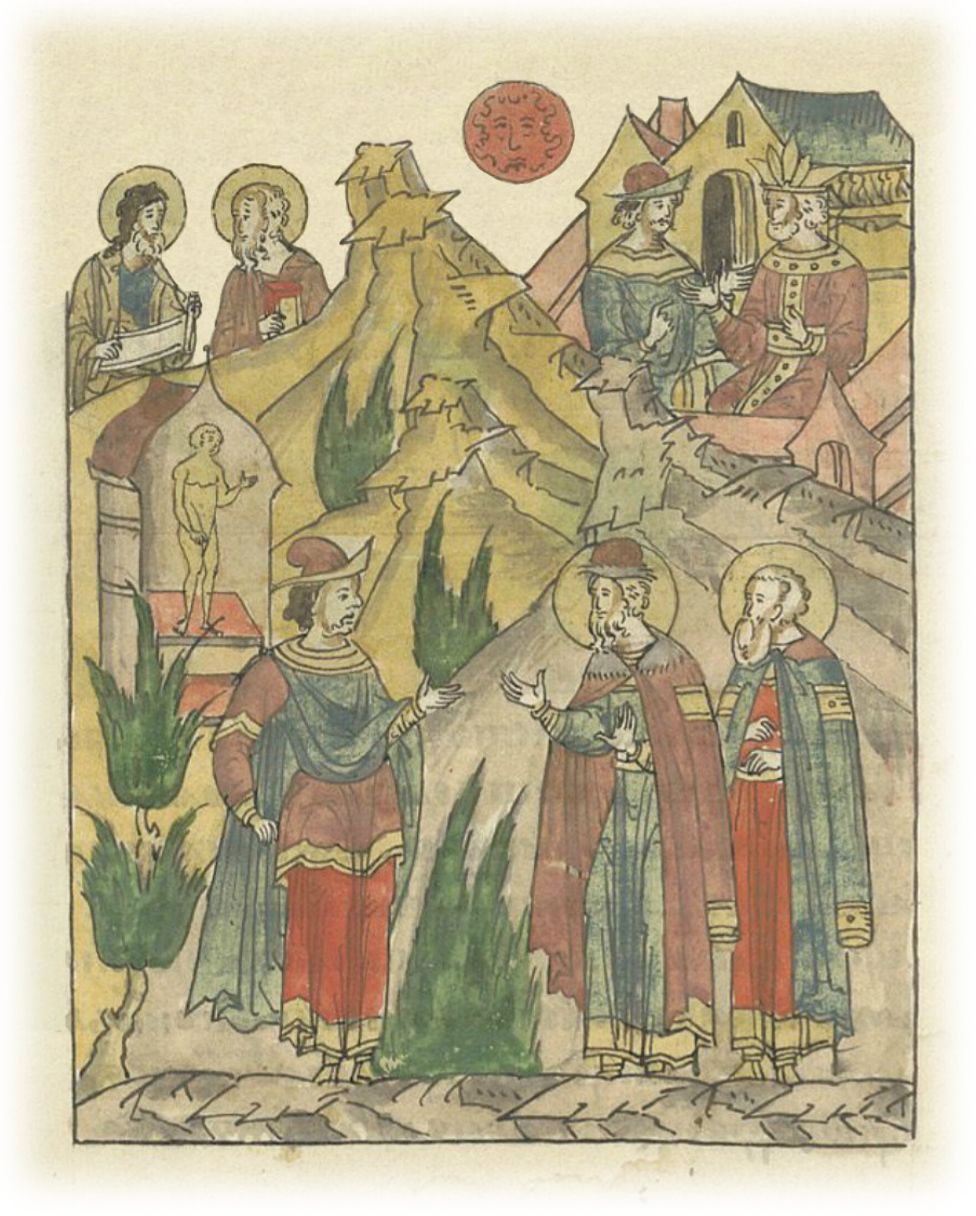 Посыльный хана Батыя Елдега передает князю Михаилу Черниговскому его волю: пройти сквозь огонь, поклониться кусту, солнцу и идолам, и тогда остаться на своем княжении и быть господином, или в случае отказа погибнуть злой смертью. Князь Михаил Черниговский