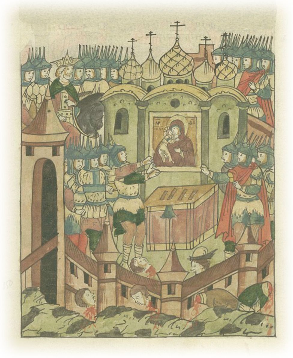 Нашествие Батыя. Татары обдирают драгоценный оклад с чудотворного образа Богоматери. Сам образ остается невридим.