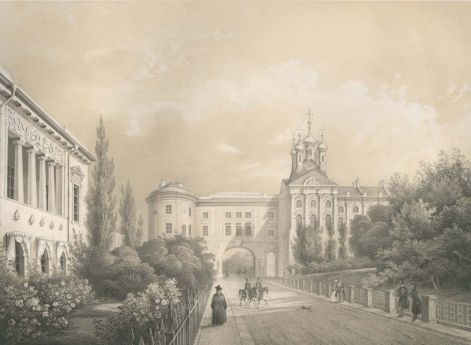 Вид на Лицей и Придворную церковь с Садовой улицы. Литография К. Шульца по рис. И. Мейера. 1850-е гг.