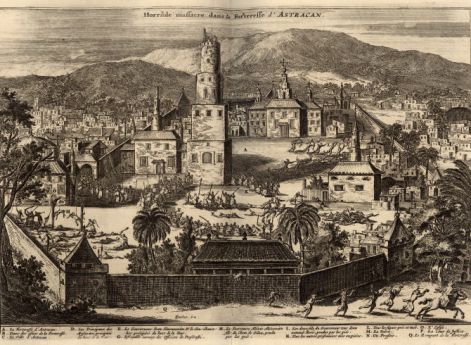 Взятие Астрахани войском Степана Разина. Гравюра 1681 года