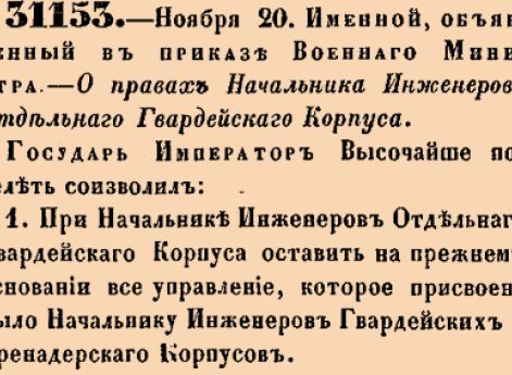 О правах Начальника Инженеров Отдельнаго Гвардейскаго Корпуса. Государь Император Высочайше повелеть соизволил:
