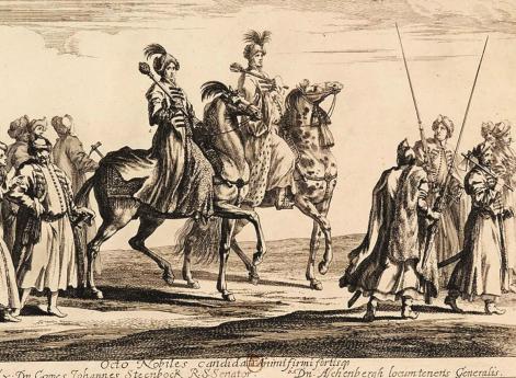 Вельможи в уборах польских военачальников со свитой на торжественной «карусели», посвященной совершеннолетию Карла XI в 1672 г.