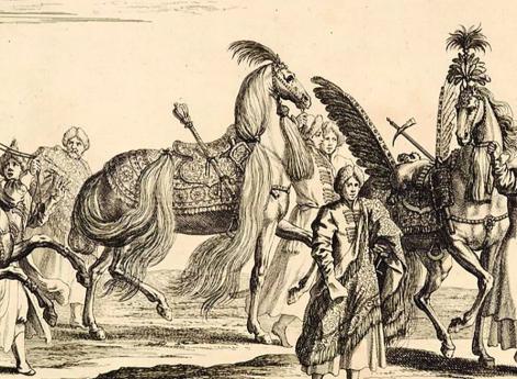 «Польские» всадники 1672 г. Слуги и запасные кони в «гусарском» и «казацком» уборах на торжественной «карусели», посвященной совершеннолетию Карла XI в 1672 г.