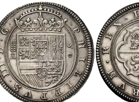 Монета Cincuentin, номинал в 50 реалов серебром