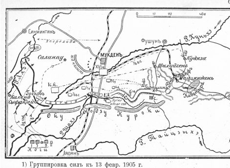 Мукден.  1) Группировка сил к 13 февраля 1905 года. 2) Направление обхода нашего правого фланга армией Ноги с 13 по 16 февраля. 3) Движение русских резервов с западного фланга на восточный с 12 по 14 февраля