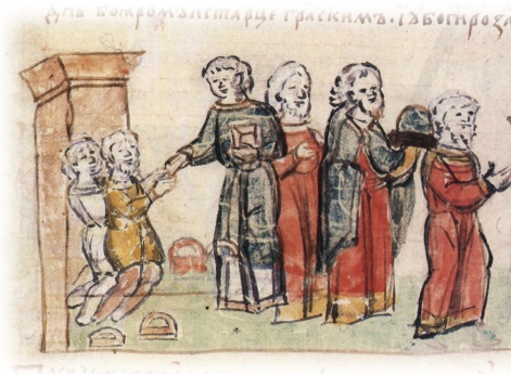 Молитва Владимира Святославича в Богородицкой(Десятинной)церкви и принесение им клятвы о выделении для церкви десятой доли из его доходов; празднование этого события, сопровождаемое раздачей бедным разного вида даров.