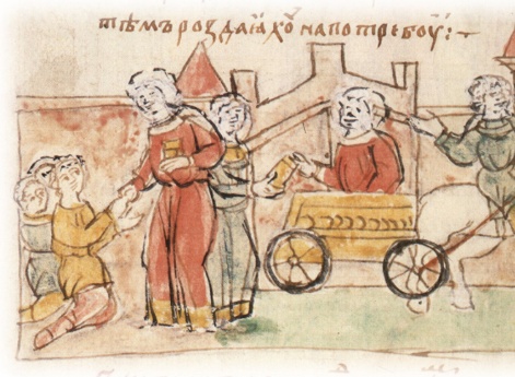 Раздача по повелению Владимира Святославича больным и нищим разных яств, развозимых на телеге: хлеба, мяса, рыбы, меда, кваса.