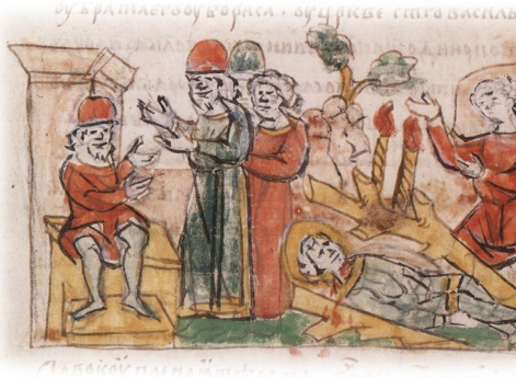 Возвращение убийц Глеба Владимировича к Святополку Владимировичу с донесением о выполнении его повеления; обнаружение тела Глеба, брошенного убийцами на берегу.