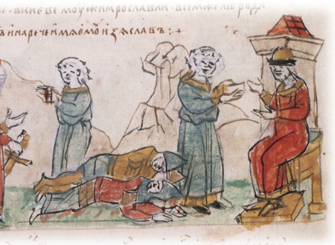 Обход Мстиславом Владимировичем поля сражения, где рядом лежали трупы его воинов и воинов Яро-слава Владимировича; предложение Мстислава через посланцев Ярославу занять киевский престол и установить мир.