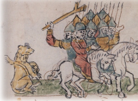 Вступление войска Ярополка Владимировича Киевского в Псрсяславль, находившийся в течение 8 дней в руках Юрия Владимировича Долгорукого (Ростовского), слева — аллегорическое изображение герба Долгоруких.