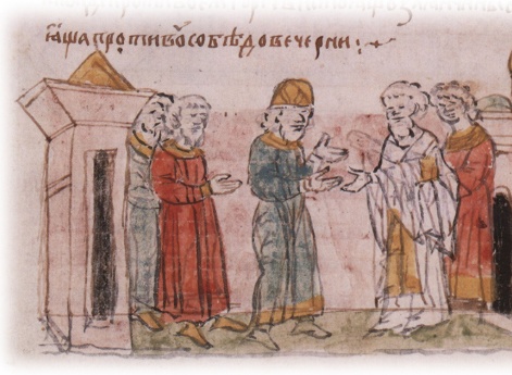 Беседа Изяслава Мстиславича Киевского с епископом Евфимием после обедни в Михайловской церкви.