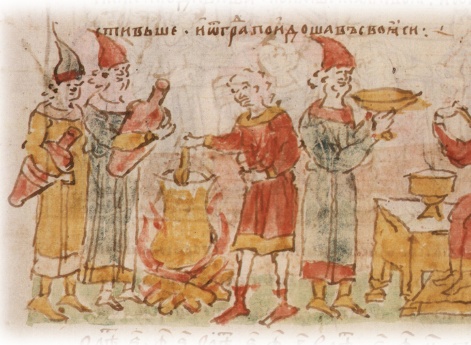 Варка киселя из болтушки и сыты в Белгороде в присутствии печенегов, пришедших с корчагами; испробование печенежскими князьями приготовленных кушаний, наличие которых в осажденном городе привело врагов в изумление и заставило снять осаду города.