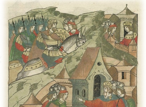 Князь Мстислав Ростиславич с новгородцами идет на Полоцк на своего зятя князя Всевлава, желая возвратить все новгородские волости, захваченные дедом Всеслава. Когда он приходит на Луки, к нему присылает его брат Роман Ростиславич из Смоленска, отговаривая