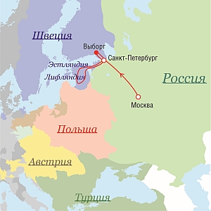 Маршрут поездок Петра I в 1710 г.